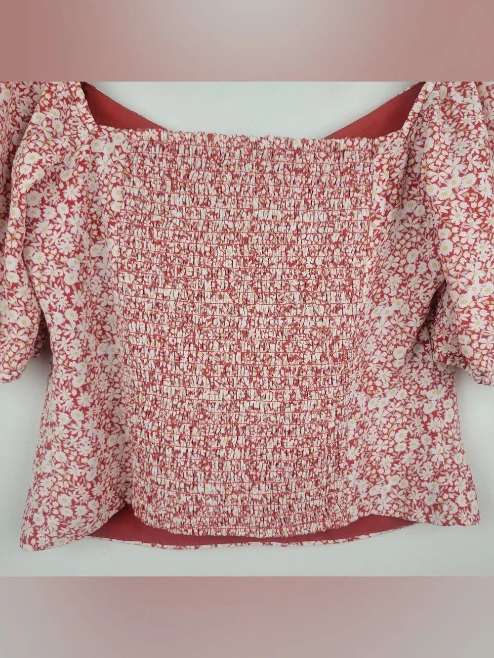 Abercrombie & Fitch Ditsy Floral Puff Sleeve Crop Top Size M Red Sweetheart Neck